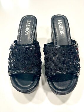 New Women's Black Sequin Slide Sandals
